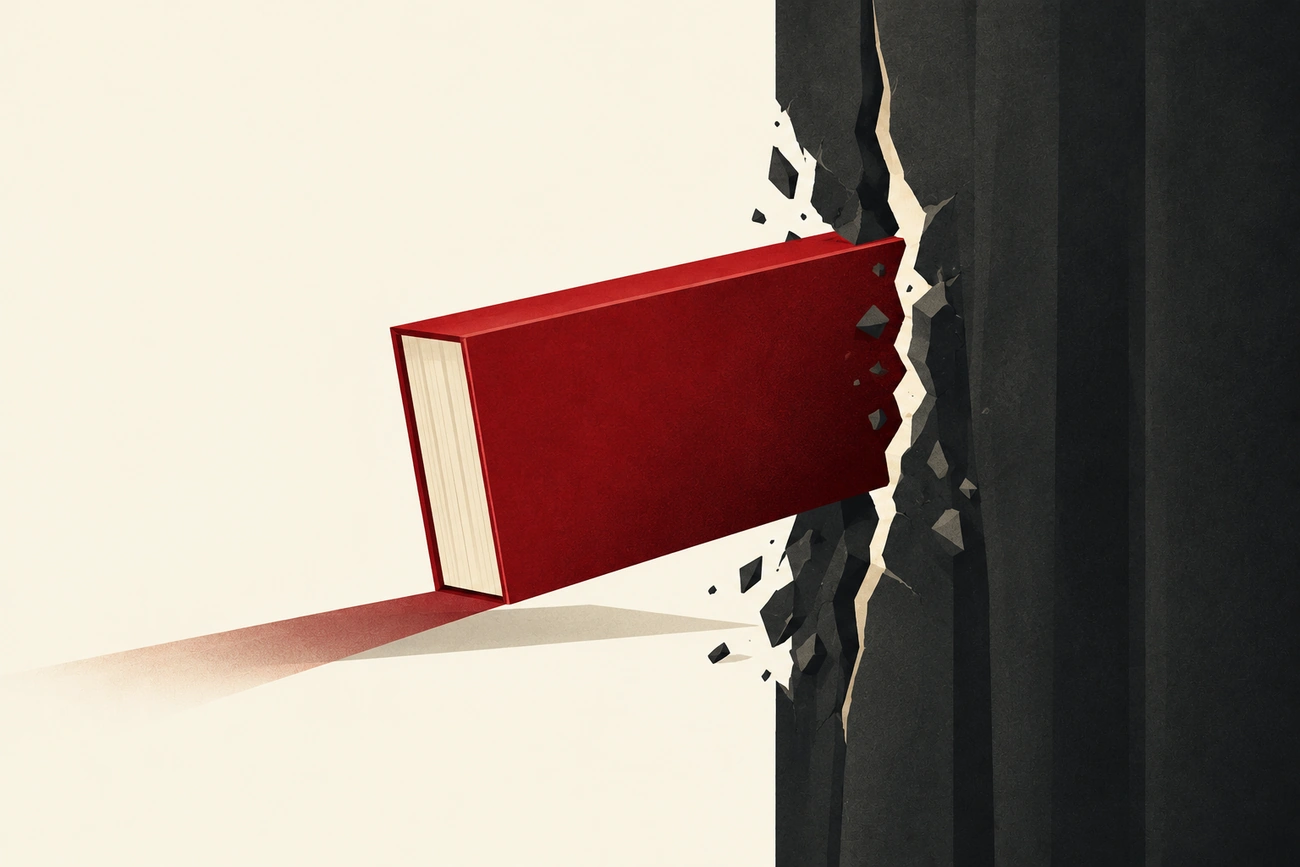 Ilustração de um livro vermelho atravessando uma barreira grafite, sobre fundo creme.