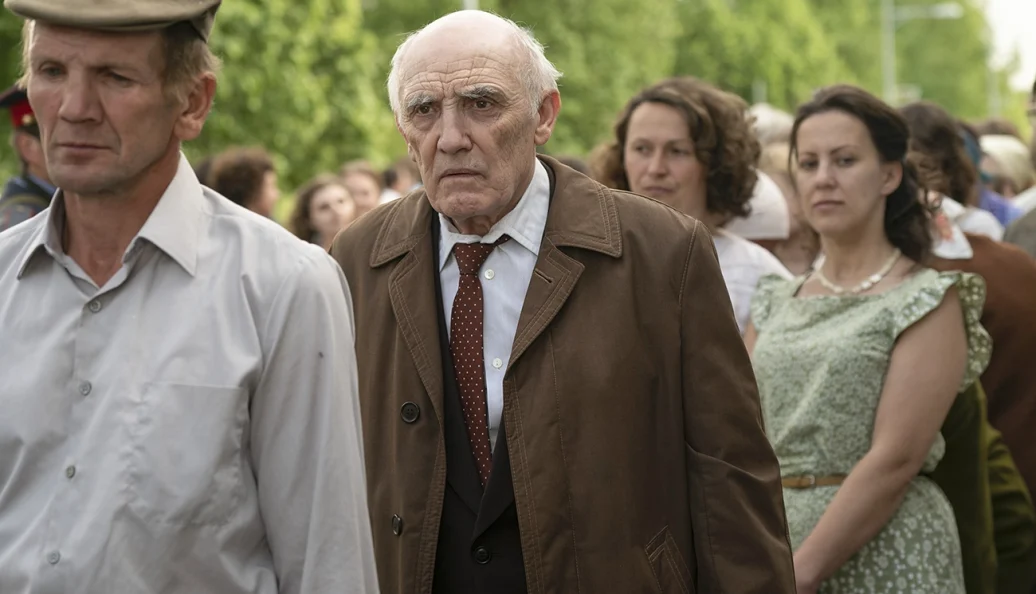 Grupo de moradores reunidos ao ar livre em cena de Chernobyl.
