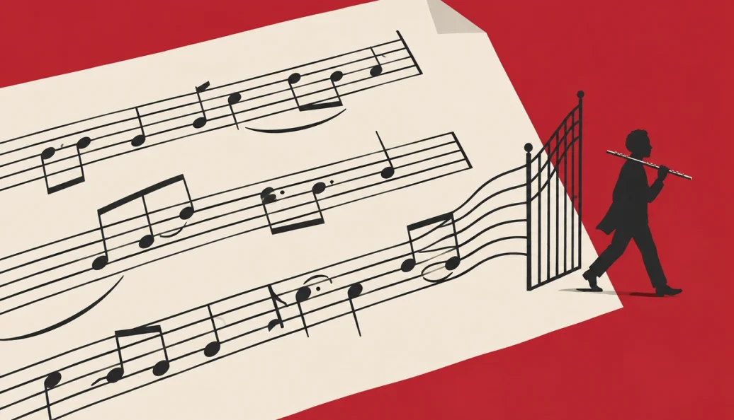 Ilustração de uma partitura que se transforma em portão aberto, por onde passa um flautista.