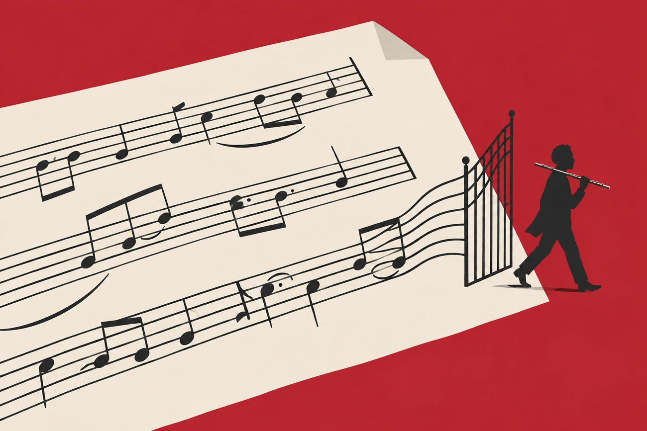Ilustração de uma partitura que se transforma em portão aberto, por onde passa um flautista.