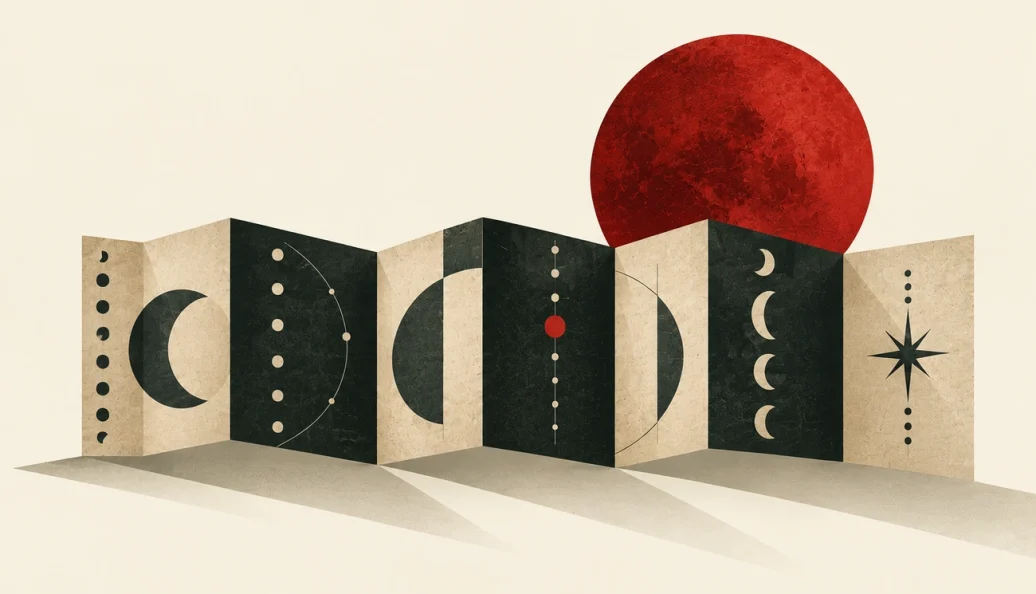 Ilustração de um livro sanfonado em creme e verde-grafite, com símbolos astronômicos e um disco vermelho.