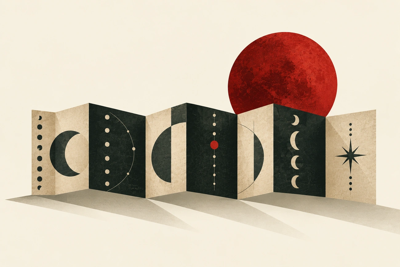 Ilustração de um livro sanfonado em creme e verde-grafite, com símbolos astronômicos e um disco vermelho.