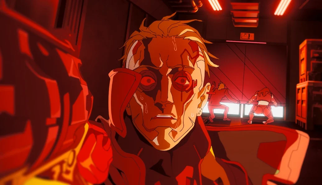 Cena da animação Cyberpunk: Mercenários.