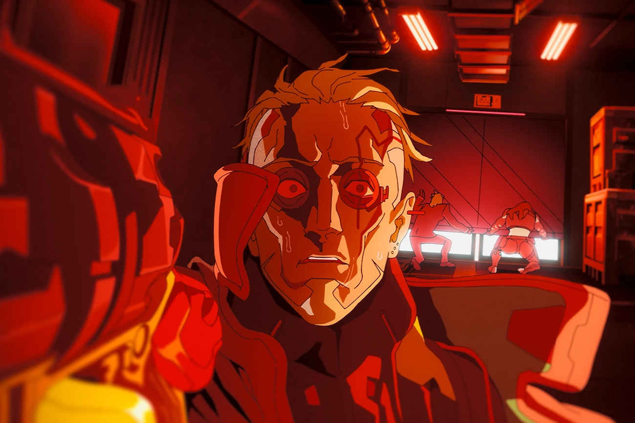 Cena da animação Cyberpunk: Mercenários.