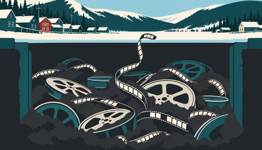 Ilustração de uma cidade sobre uma camada subterrânea com rolos de filme.
