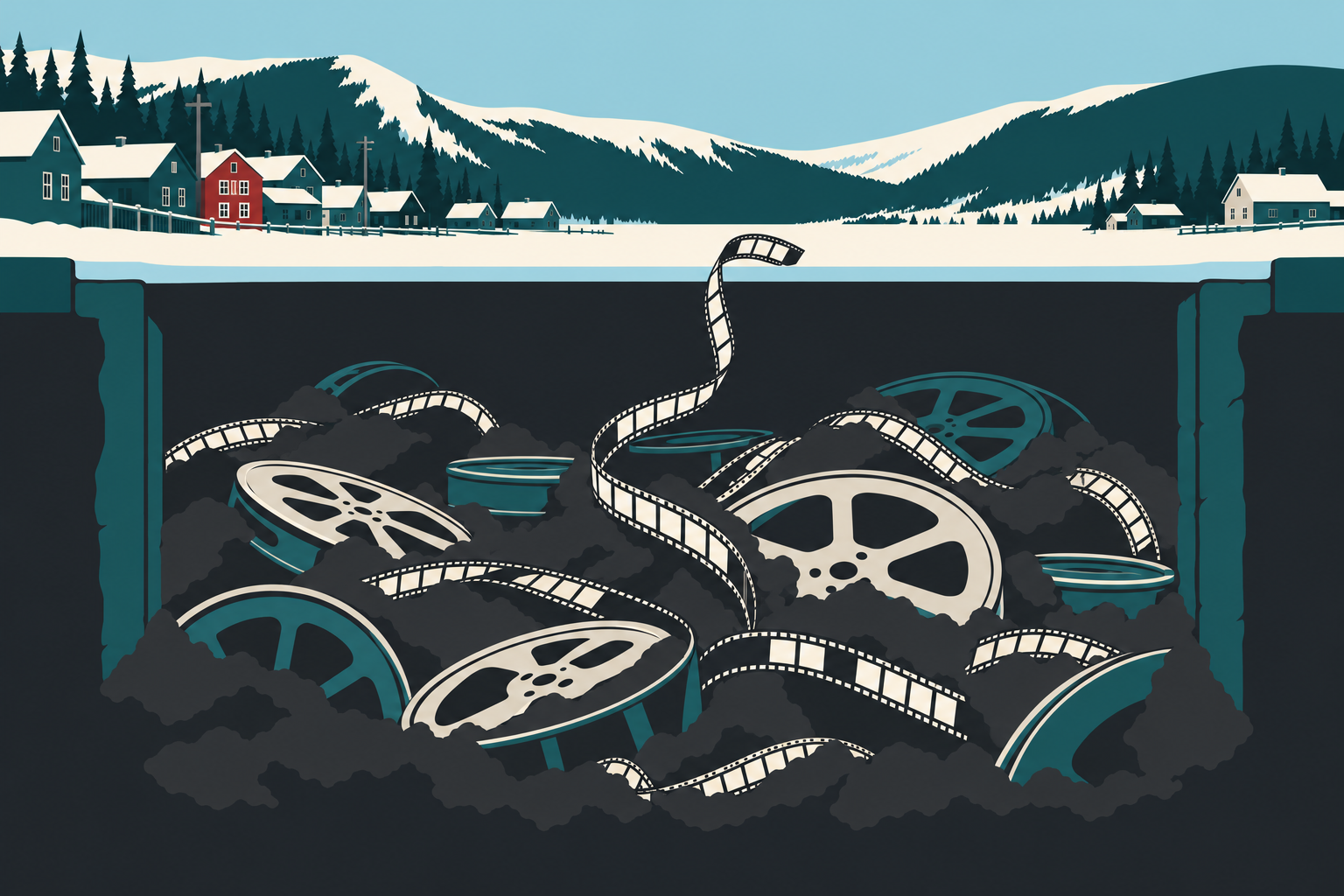 Ilustração de uma cidade sobre uma camada subterrânea com rolos de filme.