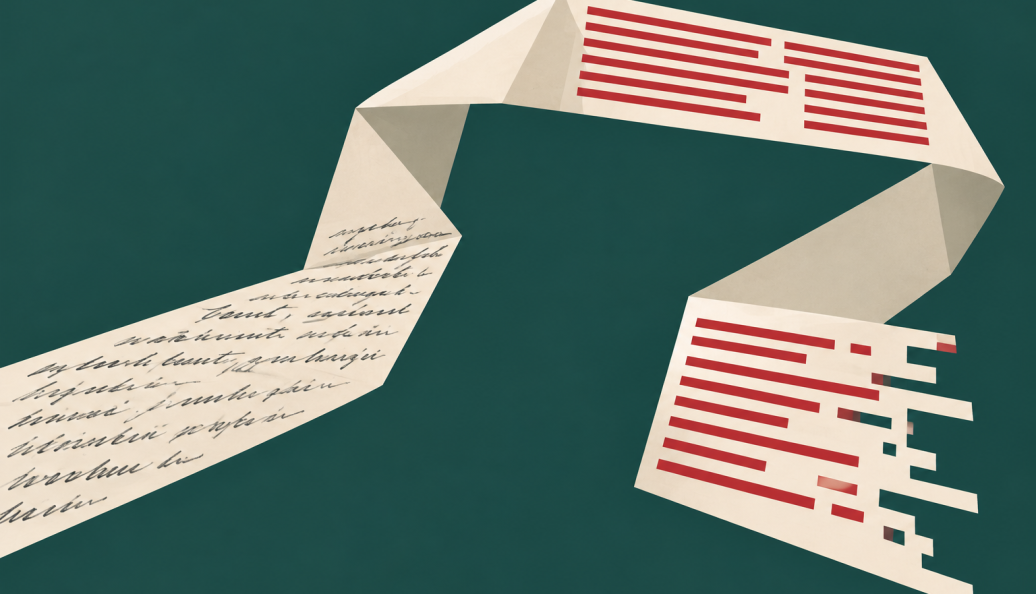 Ilustração de uma faixa de papel dobrada em percurso de ida e volta, com marcas de escrita e recortes, sobre fundo verde-petróleo.