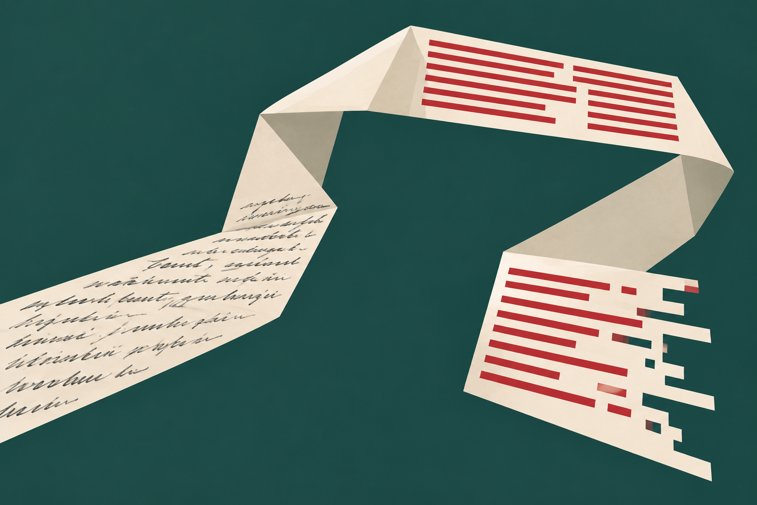 Ilustração de uma faixa de papel dobrada em percurso de ida e volta, com marcas de escrita e recortes, sobre fundo verde-petróleo.
