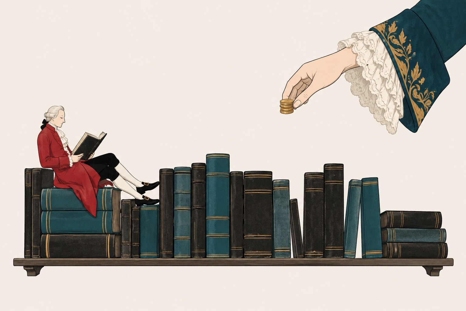 Ilustração de um homem de casaco vermelho lendo junto a livros, enquanto uma mão com adorno real oferece moedas.