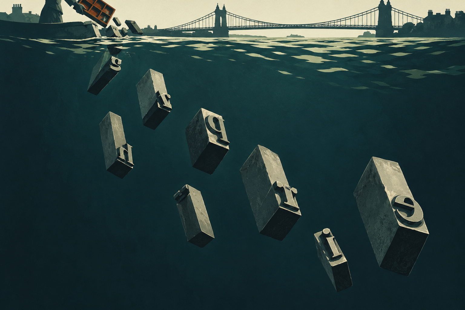 Ilustração de tipos metálicos de impressão afundando no rio, sob uma ponte.