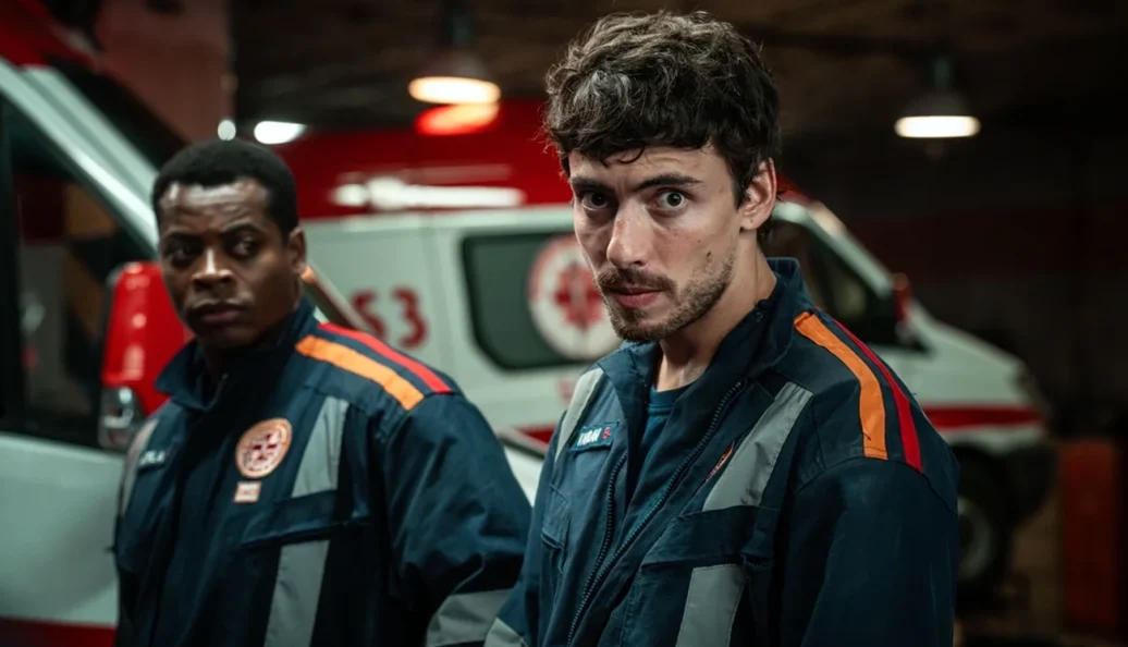Jaffar Bambirra e William Nascimento caracterizados como socorristas em Emergência 53.