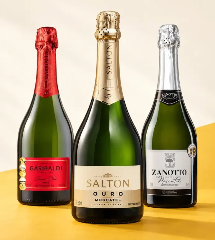 Garrafas de Garibaldi Pinot Noir Brut Rosé, Salton Ouro Moscatel e Zanotto Moscatel sobre fundo claro e amarelo.