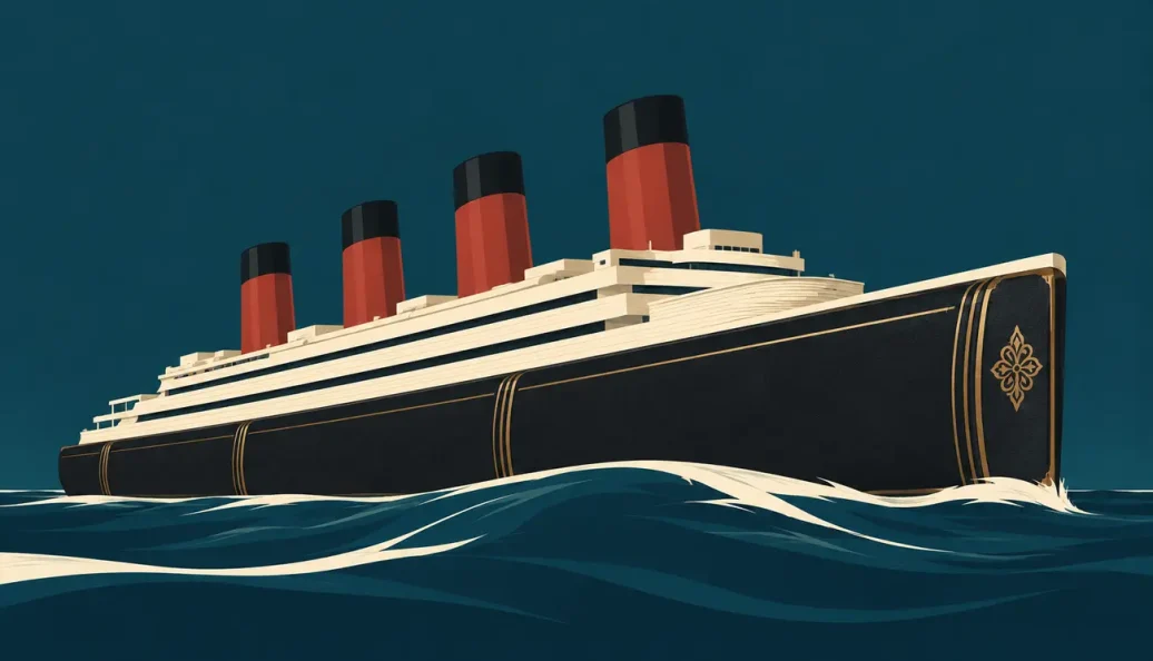 Ilustração de um transatlântico cujo casco se funde à encadernação de um livro, sobre o mar verde-petróleo.