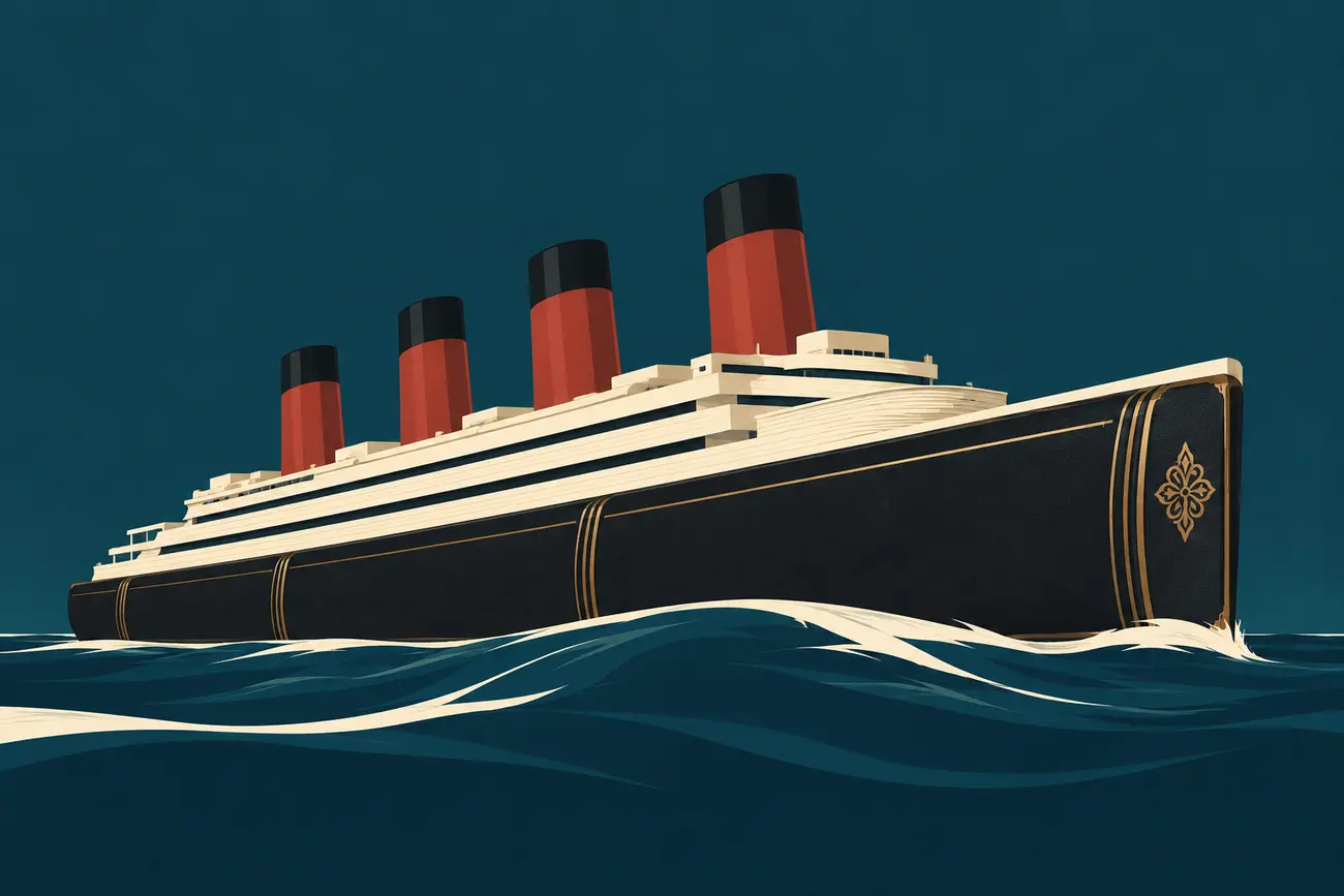 Ilustração de um transatlântico cujo casco se funde à encadernação de um livro, sobre o mar verde-petróleo.