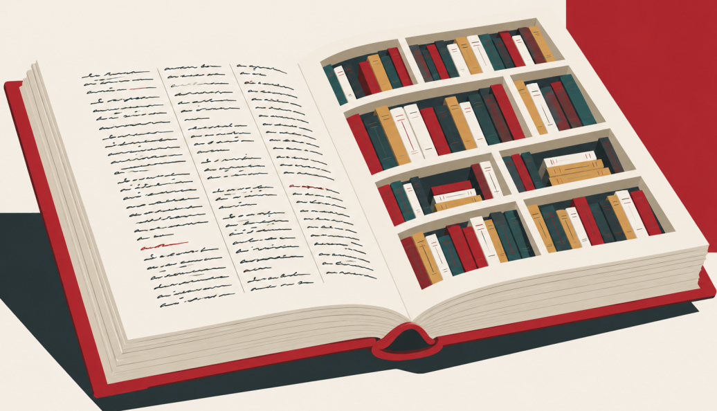 Ilustração conceitual de um grande livro aberto com uma biblioteca em miniatura dentro de uma das páginas.