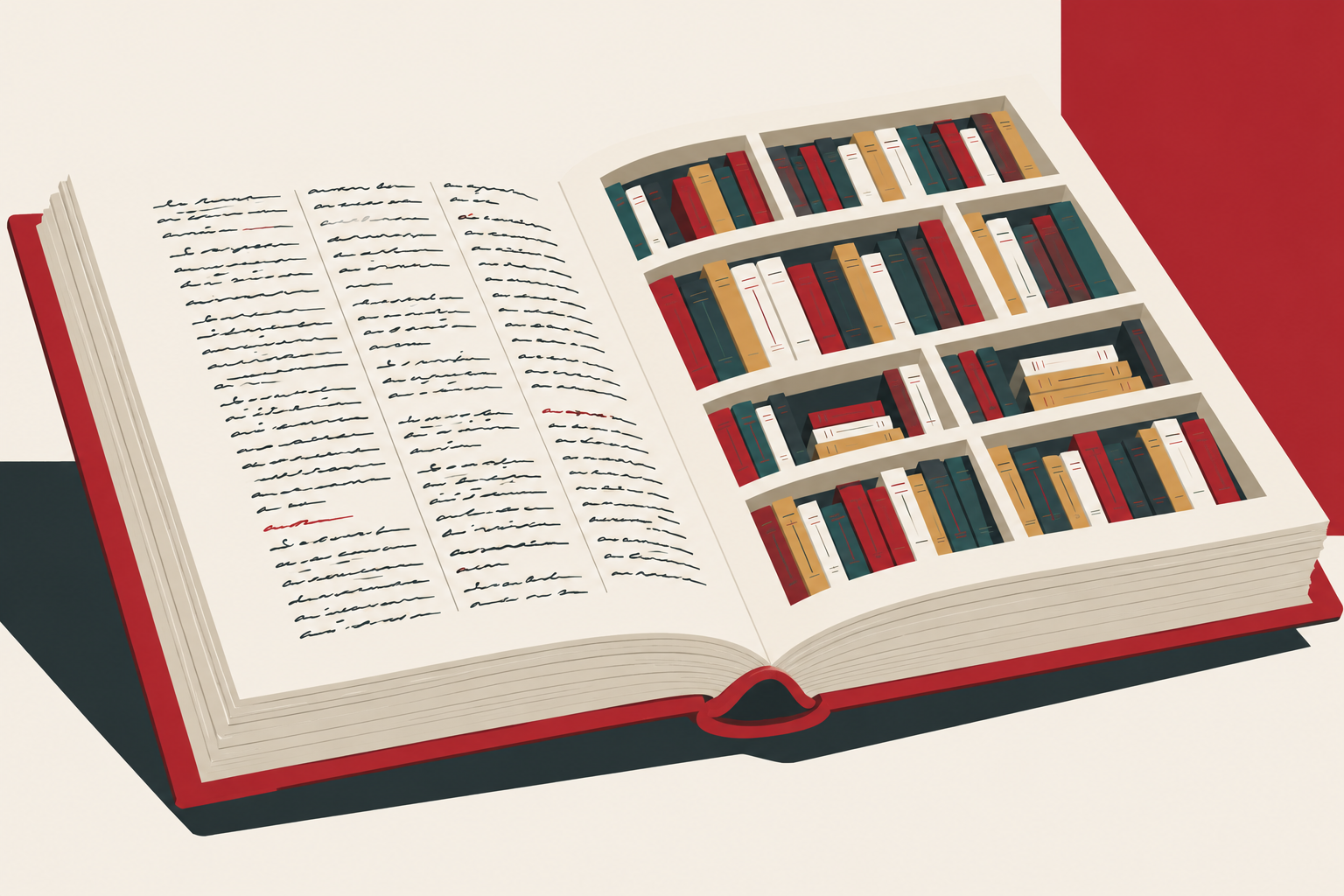 Ilustração conceitual de um grande livro aberto com uma biblioteca em miniatura dentro de uma das páginas.
