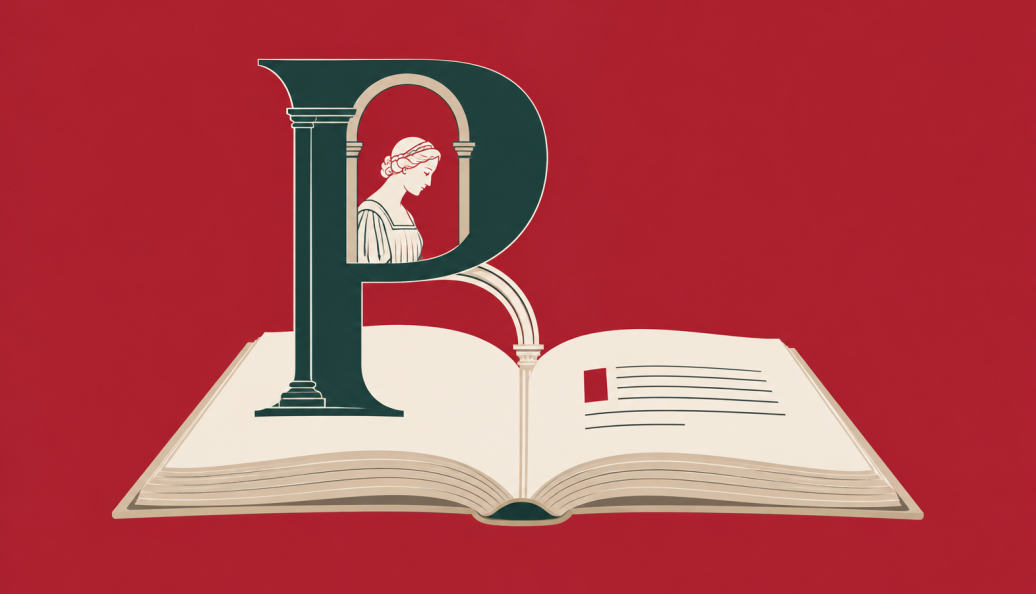 Ilustração de um livro aberto com uma grande letra P verde-petróleo, contendo uma mulher sob um arco, sobre fundo vermelho.