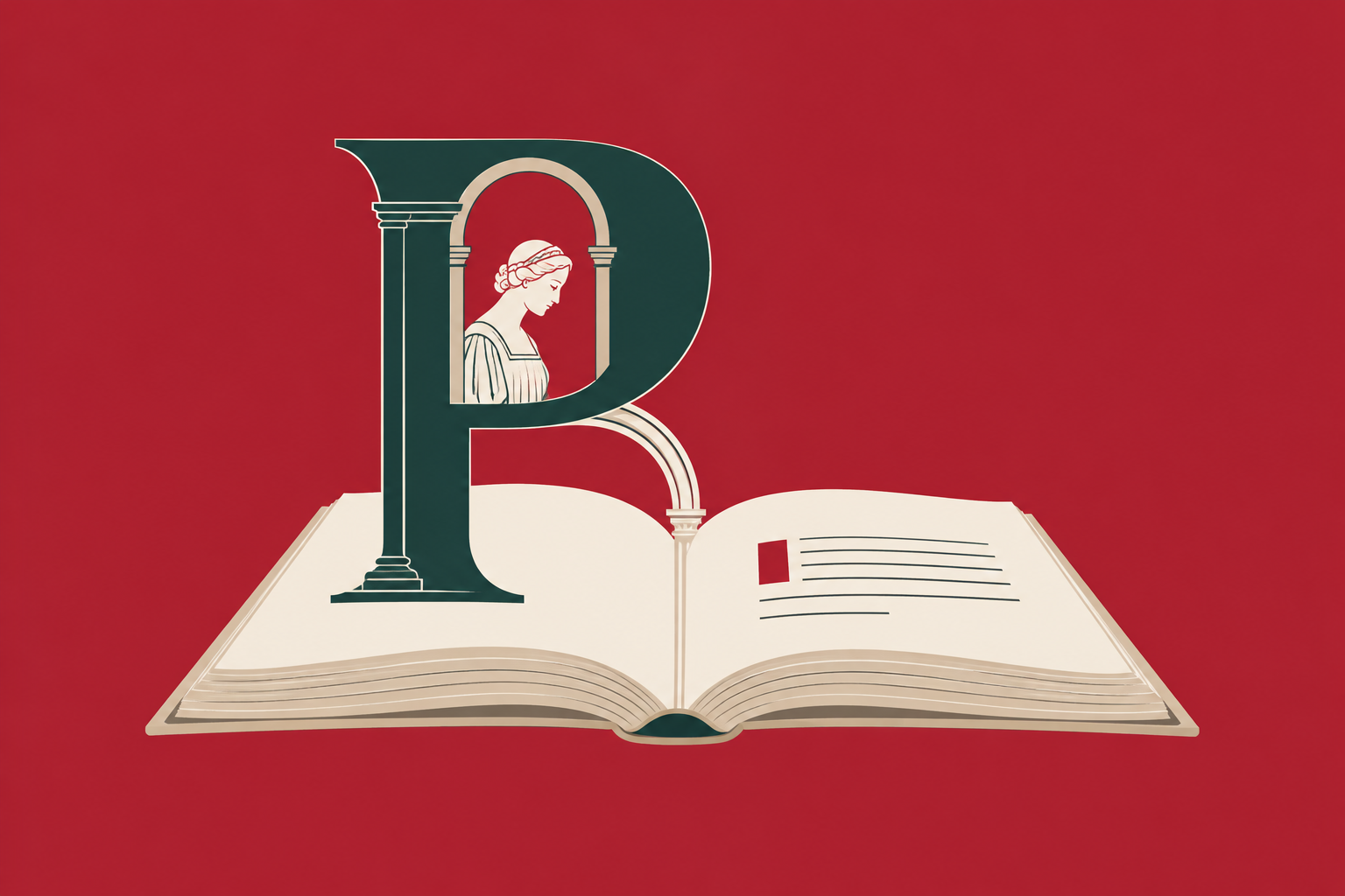 Ilustração de um livro aberto com uma grande letra P verde-petróleo, contendo uma mulher sob um arco, sobre fundo vermelho.