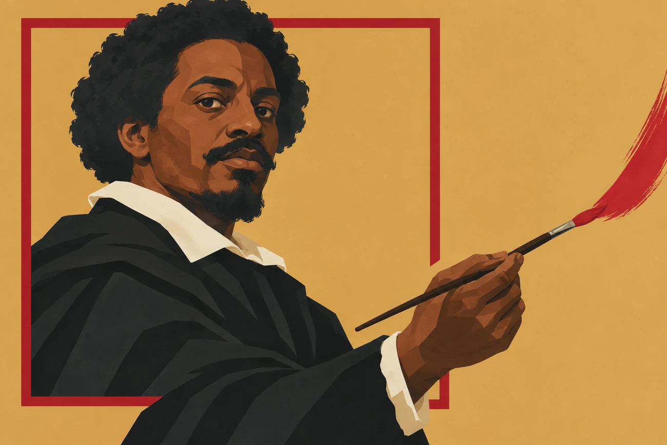 Ilustração editorial de Juan de Pareja segurando um pincel que ultrapassa uma moldura vermelha.