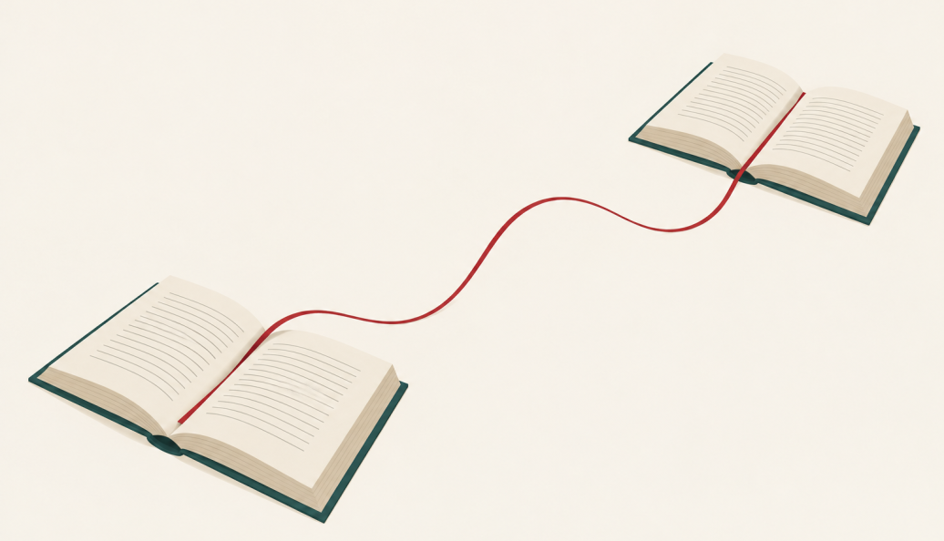 Ilustração de dois livros abertos ligados por uma única fita vermelha sobre fundo claro.