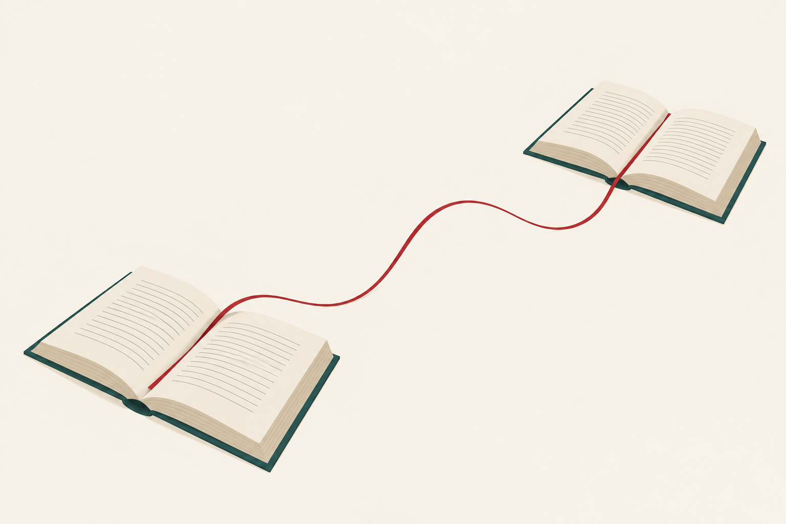 Ilustração de dois livros abertos ligados por uma única fita vermelha sobre fundo claro.