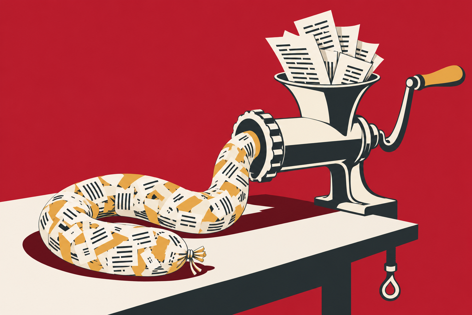 Ilustração de um moedor transformando páginas de livro em uma salsicha de papel.