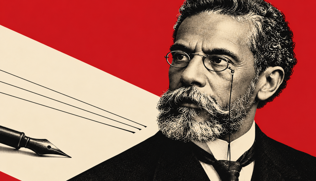 Ilustração editorial de Machado de Assis com folha de papel e ponta de pena sobre fundo vermelho.
