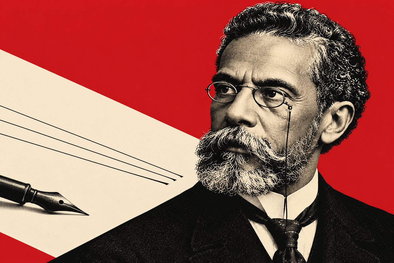 Ilustração editorial de Machado de Assis com folha de papel e ponta de pena sobre fundo vermelho.