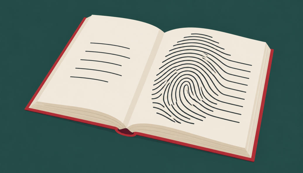 Ilustração minimalista de uma impressão digital associada a um livro aberto.