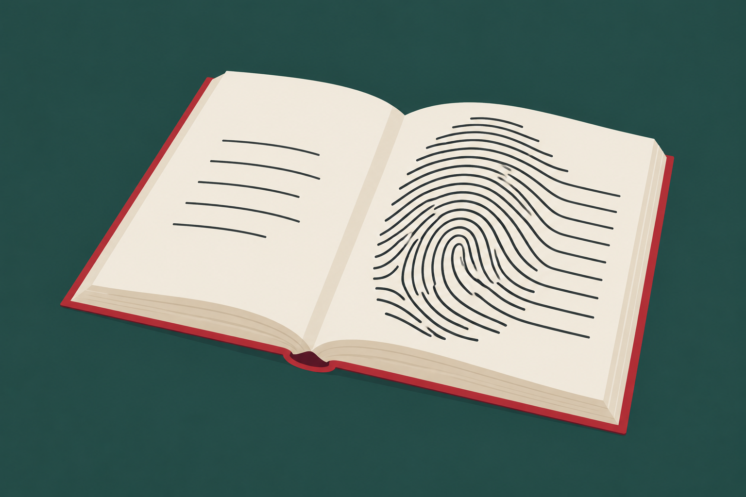Ilustração minimalista de uma impressão digital associada a um livro aberto.