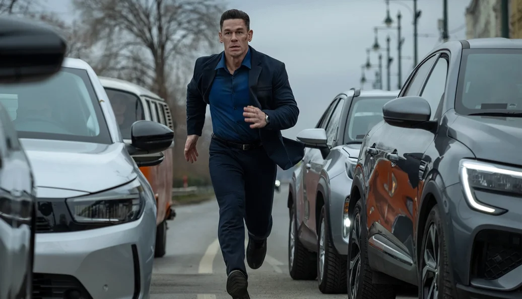 John Cena corre entre carros em cena de Matchbox — O Filme.
