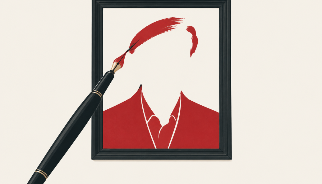 Ilustração de um retrato sem rosto em moldura, com paletó vermelho e uma caneta que se transforma em pincel.