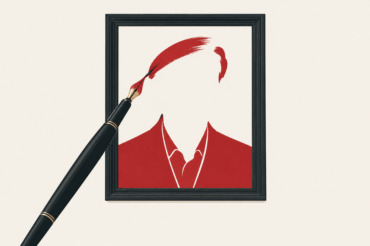 Ilustração de um retrato sem rosto em moldura, com paletó vermelho e uma caneta que se transforma em pincel.