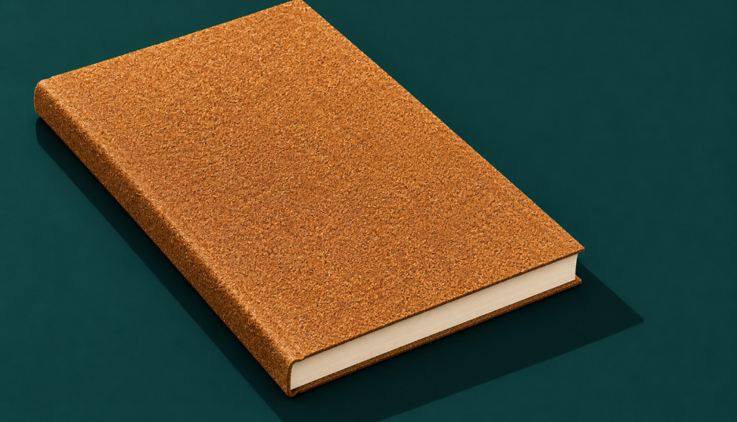 Ilustração de um livro fechado revestido de lixa, com páginas claras, sobre fundo verde-petróleo.