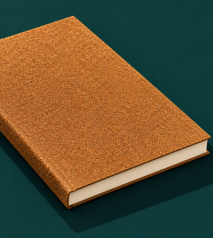 Ilustração de um livro fechado revestido de lixa, com páginas claras, sobre fundo verde-petróleo.