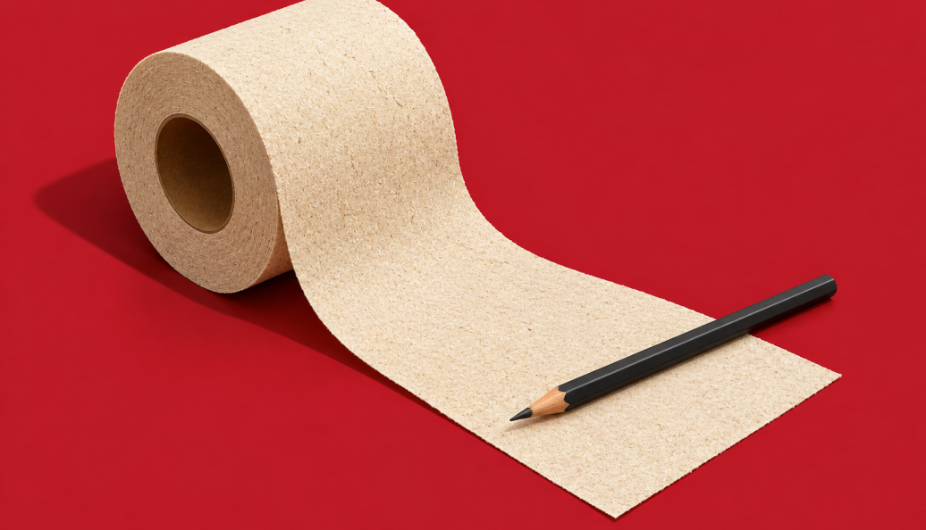 Ilustração de um rolo de papel higiênico parcialmente desenrolado, com um lápis preto sobre a ponta, em fundo vermelho.