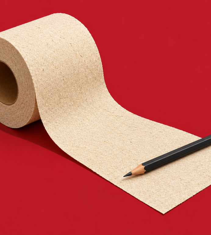 Ilustração de um rolo de papel higiênico parcialmente desenrolado, com um lápis preto sobre a ponta, em fundo vermelho.