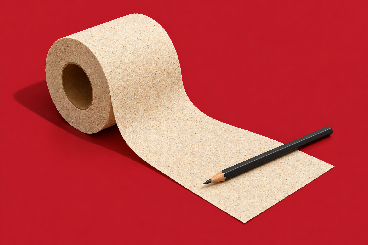 Ilustração de um rolo de papel higiênico parcialmente desenrolado, com um lápis preto sobre a ponta, em fundo vermelho.