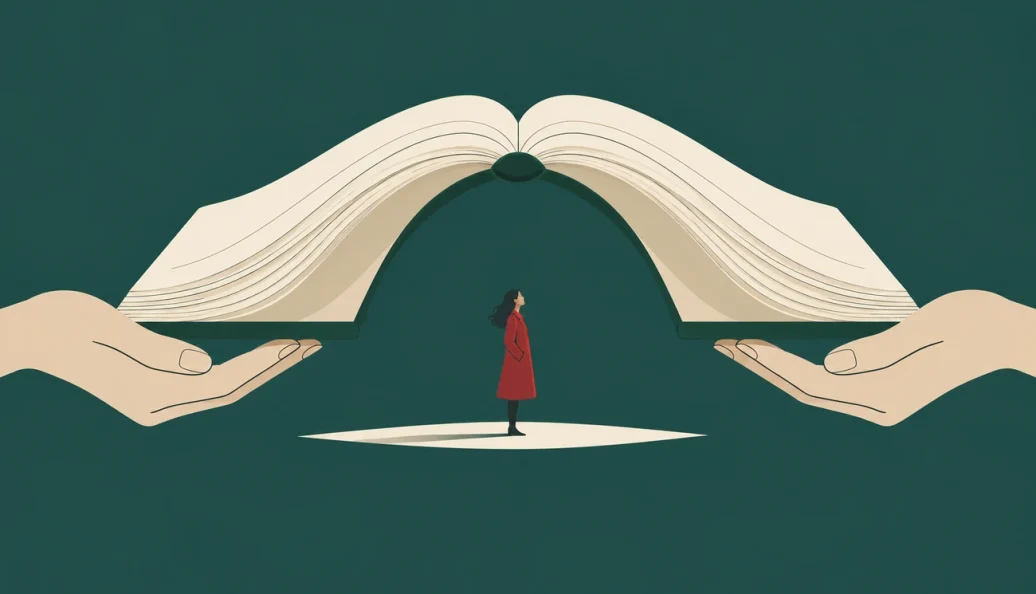 Ilustração de duas mãos sustentando um livro aberto em forma de abrigo sobre uma mulher.