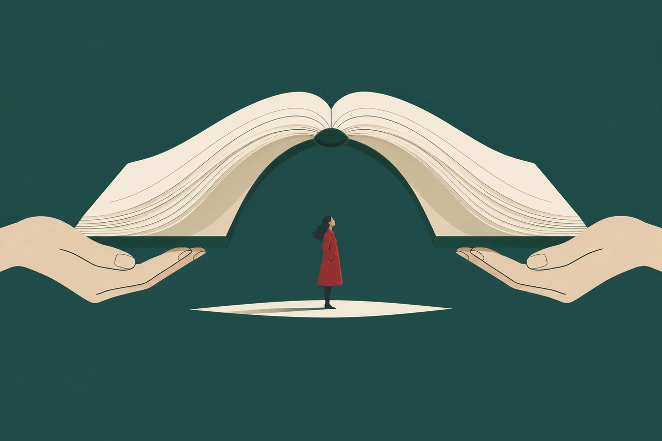 Ilustração de duas mãos sustentando um livro aberto em forma de abrigo sobre uma mulher.