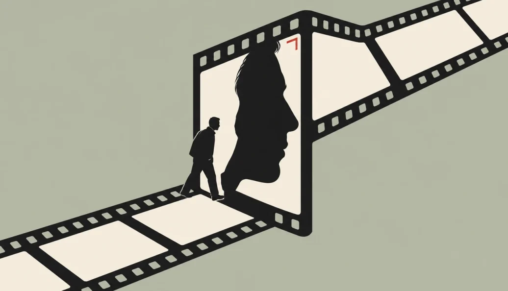 Ilustração de um homem entrando num fotograma, onde sua silhueta aparece ampliada em close.