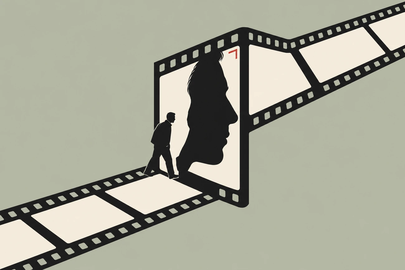 Ilustração de um homem entrando num fotograma, onde sua silhueta aparece ampliada em close.