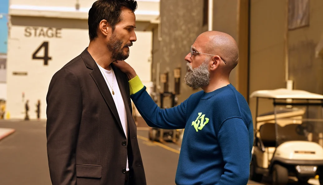 Keanu Reeves e Jonah Hill conversam diante de um estúdio em Consequência, de 2026.