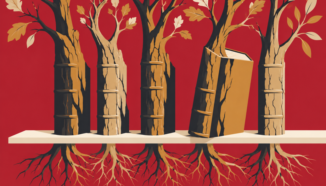 Ilustração conceitual de livros com lombadas de madeira que se transformam em árvores, com galhos e raízes.