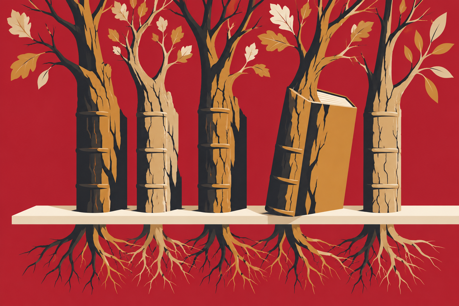 Ilustração conceitual de livros com lombadas de madeira que se transformam em árvores, com galhos e raízes.