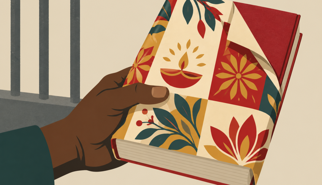 Ilustração de uma mão segurando um livro envolvido em cartões de Diwali, diante de grades.