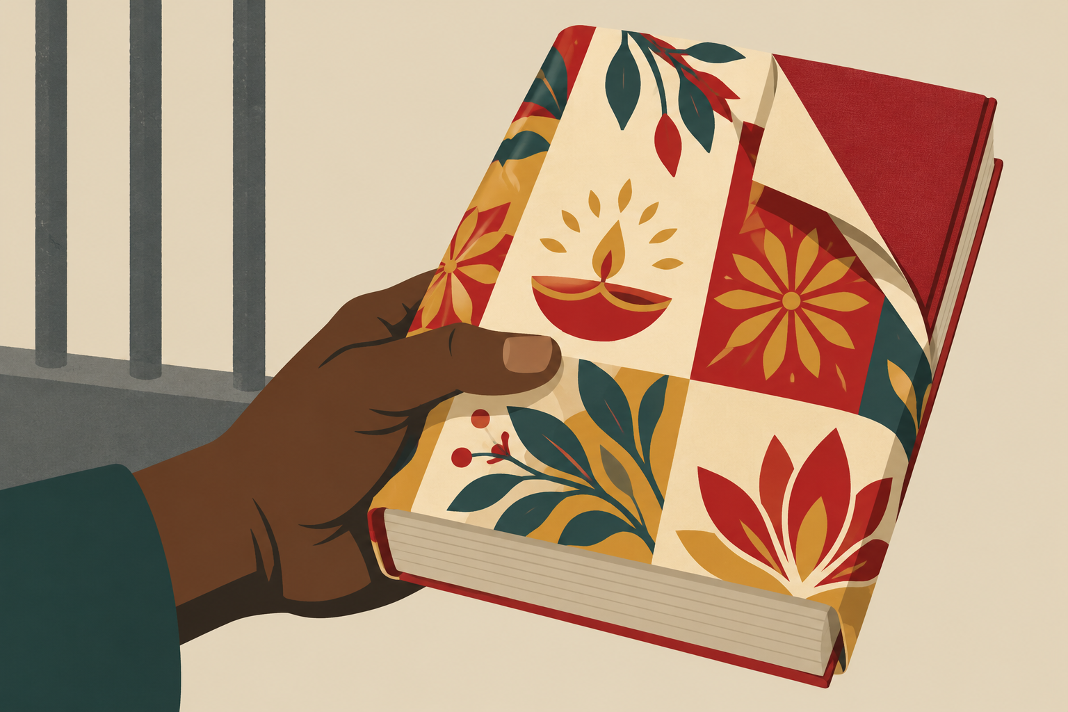Ilustração de uma mão segurando um livro envolvido em cartões de Diwali, diante de grades.