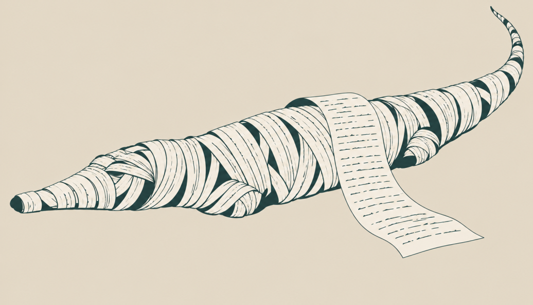Ilustração de um crocodilo mumificado envolvido por uma faixa de papiro.