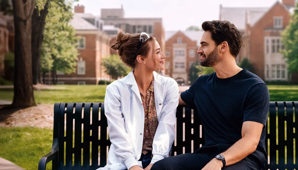 Lili Reinhart e Tom Bateman sentados em um banco, em imagem de A Hipótese do Amor.