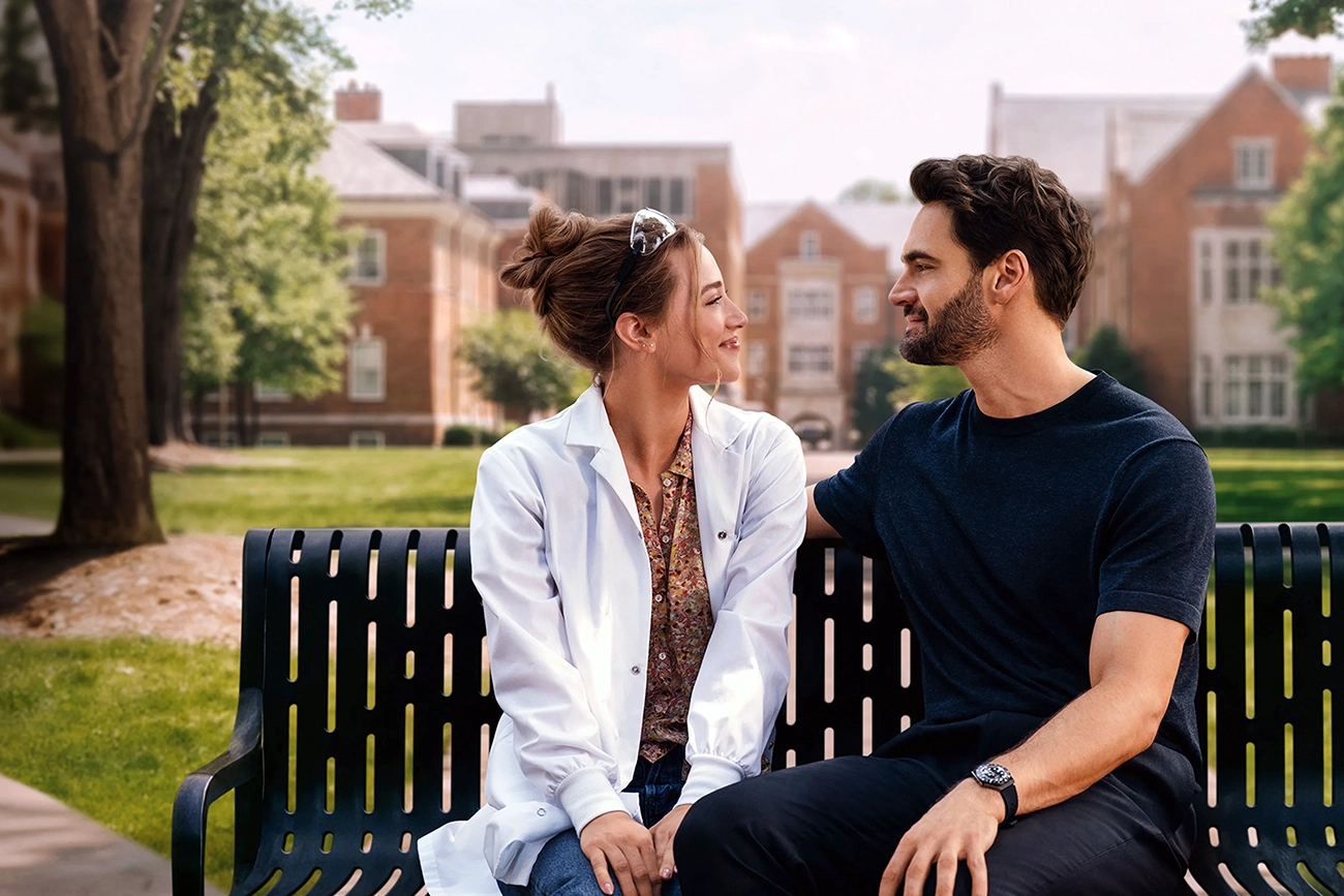 Lili Reinhart e Tom Bateman sentados em um banco, em imagem de A Hipótese do Amor.